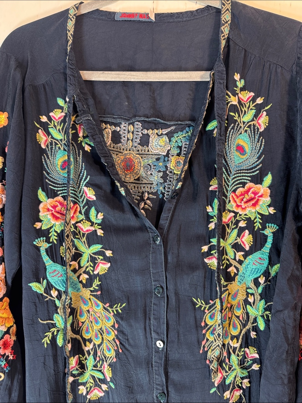 Johnny Was Navy Embroidered Peacock Button-Front Blouse - Picture 8 of 10